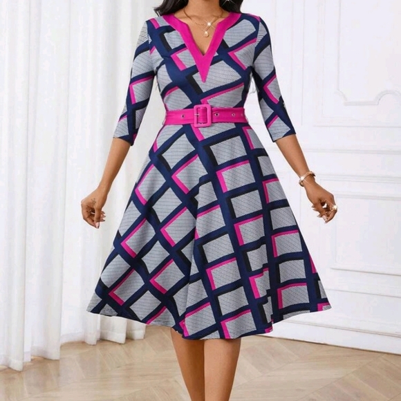 Lady Contrast Stitching Lapel Slim Fit Women's Dress Lace Stitching